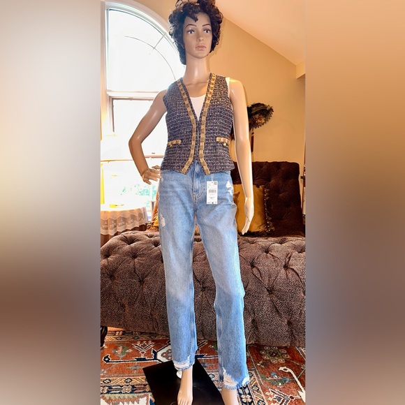 CACHE Tweed Navy Blue/Tan with gold Metallic accent Vest Sz 0 EUC - Picture 2 of 9